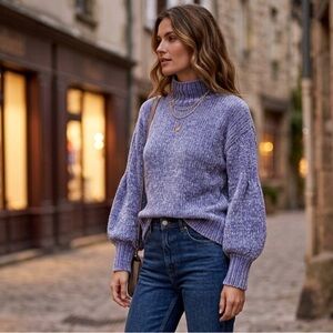 CYNTHIA Rowley Large blue Chenille  mock neck sweater